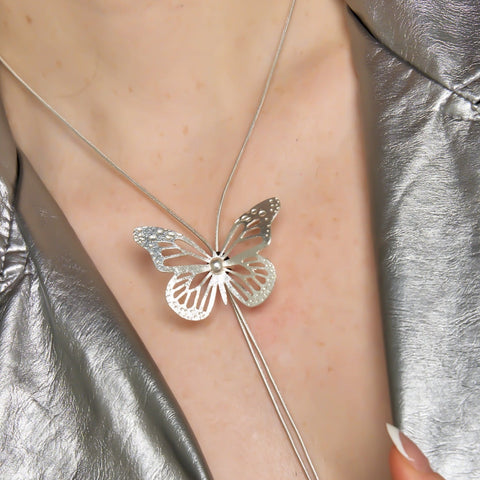 Butterfly Necktie Silver-Tone Necklace