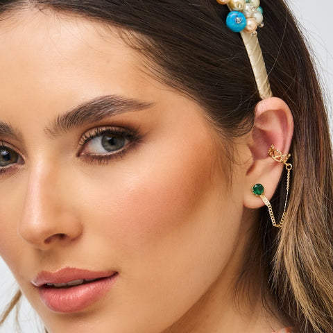 Green Crystal Studs Earrings +  Ear Cuff Golden