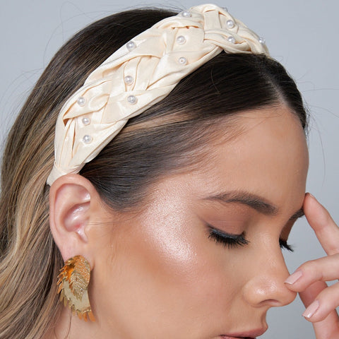 Beige Braided Weave Pearls Headband