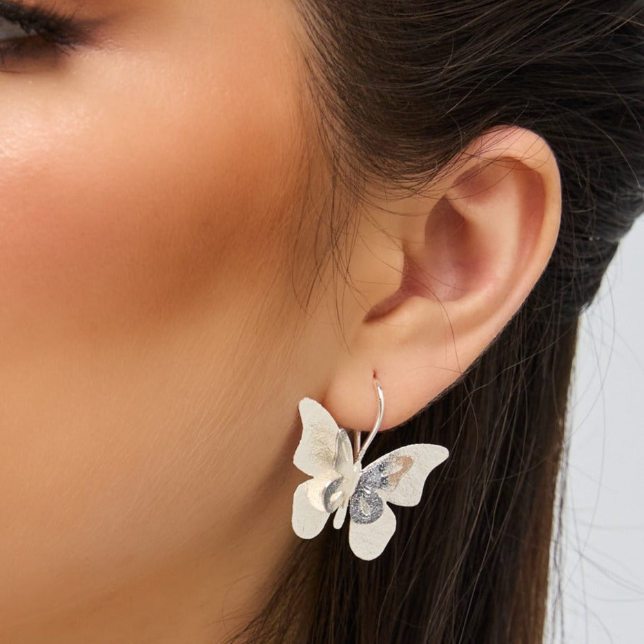 Double Butterfly Silver-Tone Drop Earrings