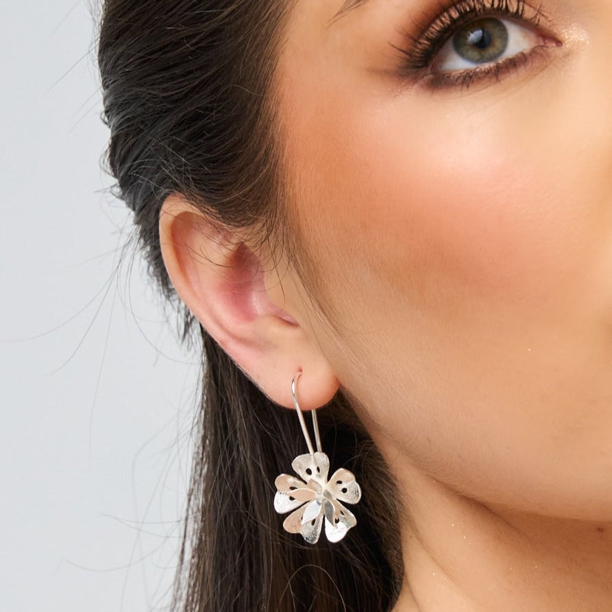 Five Petals Flower Mini Silver-Tone Drop Earrings