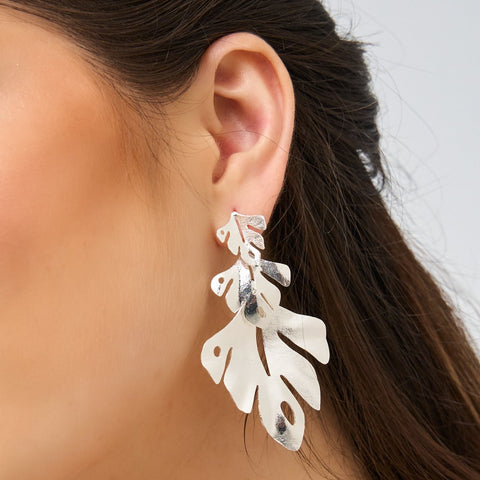 Triple Palm Leaf Silver-Tone Earrings