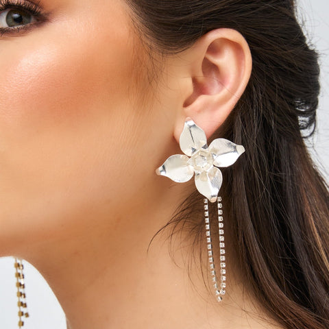 Four Petals Flower Silver-Tone Earrings