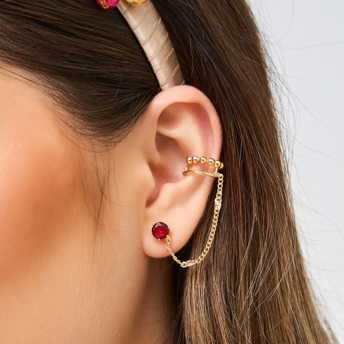 Red Crystal Studs Earrings +  Ear Cuff Golden