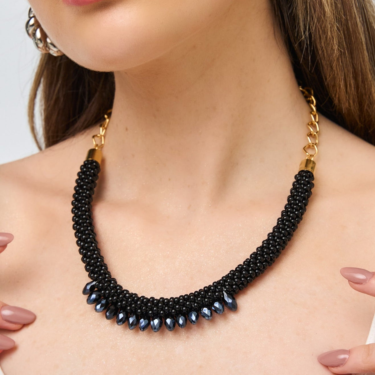 Black Crystal Woven Necklace