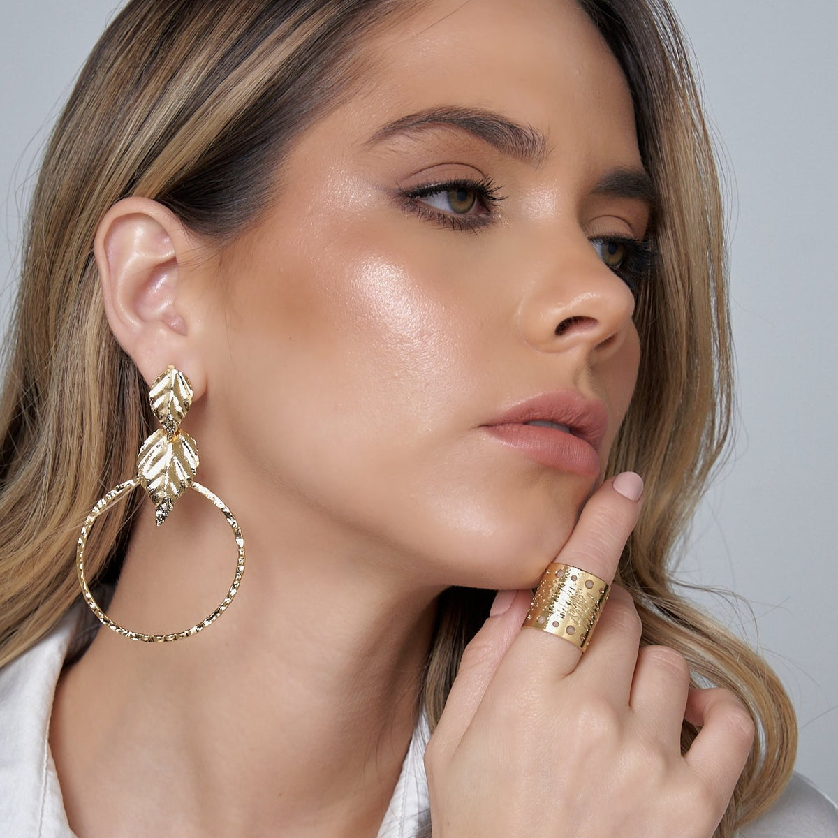 Double Leaf And Golden Hoop Earrings