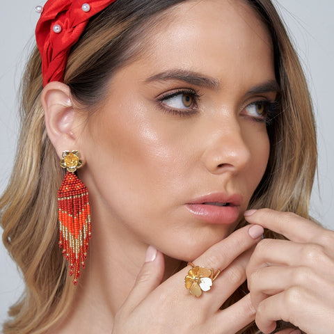 Golden-Red Woven Flower Earrings