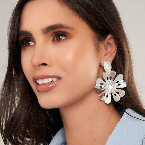 Double Flower And Silver-Tone Leaf Earrings