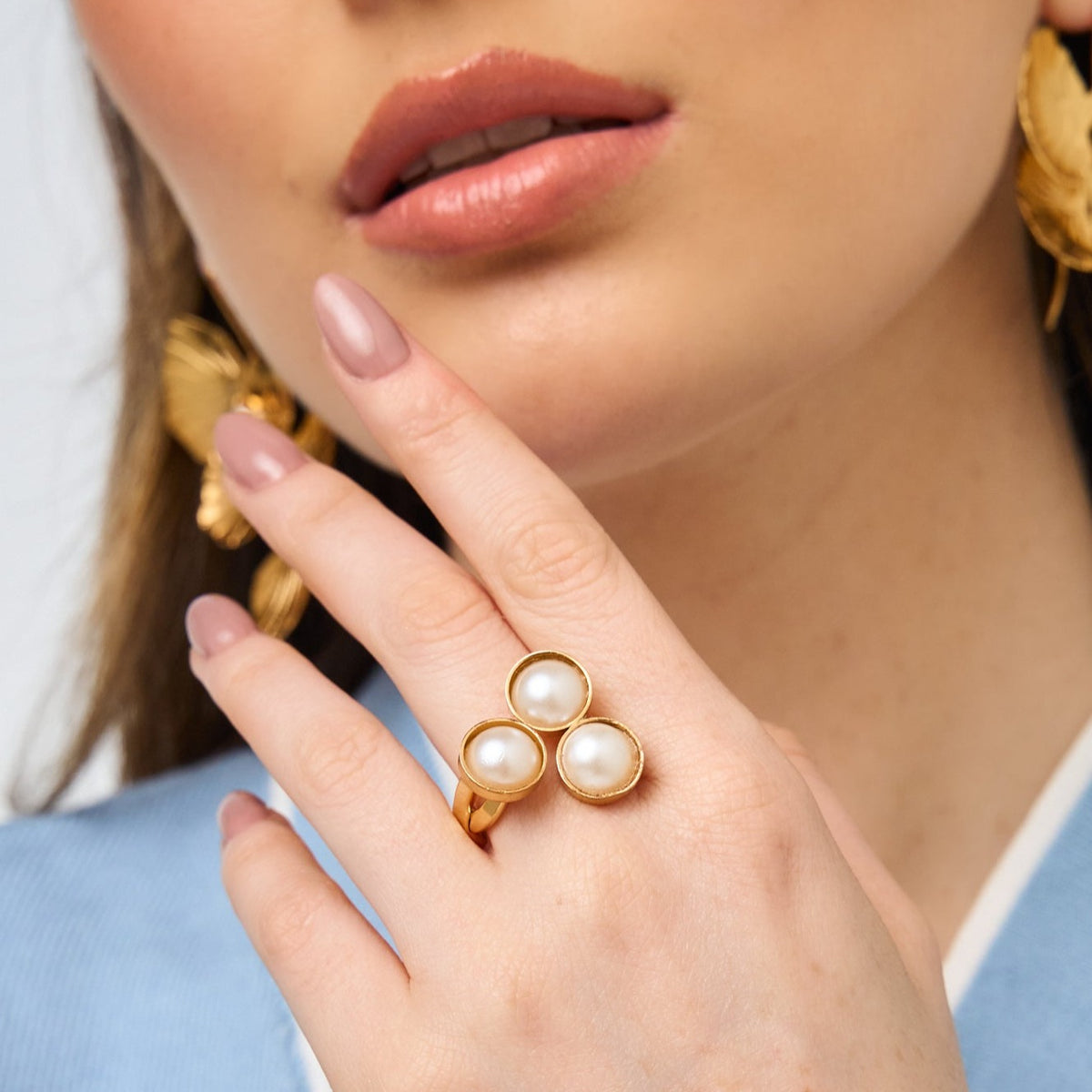 Braided Triple Pearl Golden Ring