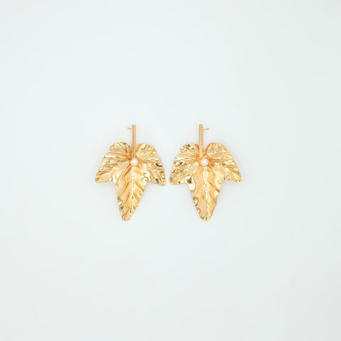 Earrings Long Leaf Autumn Pearl Golden