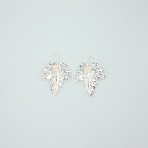 Earrings Long Leaf Autumn Pearl Silver-Tone