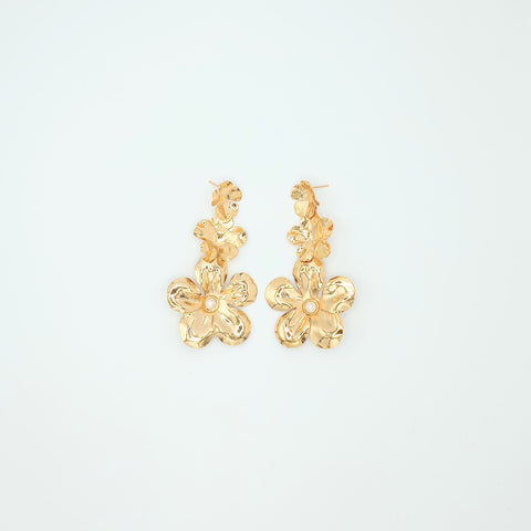 Golden Triple Pearl Flower Earrings