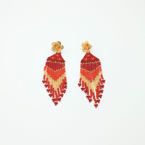 Golden-Red Woven Flower Earrings