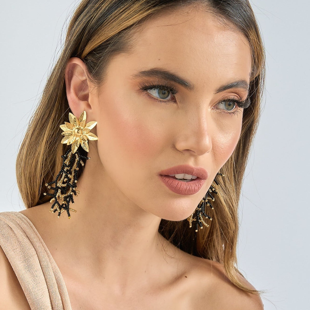 Golden Flower Glass Bead Chandelier Earrings