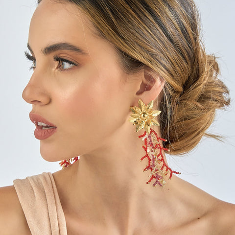 Golden Flower Glass Bead Chandelier Earrings