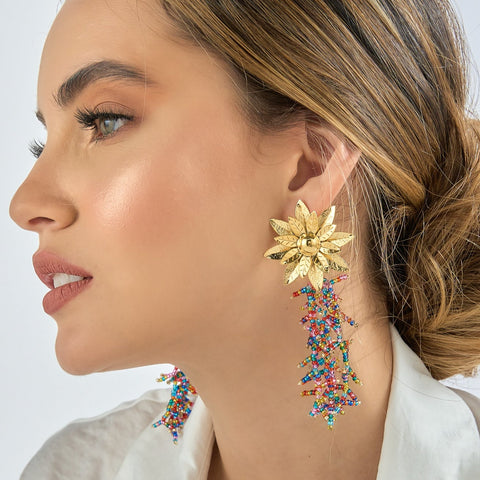 Golden Flower Glass Bead Chandelier Earrings