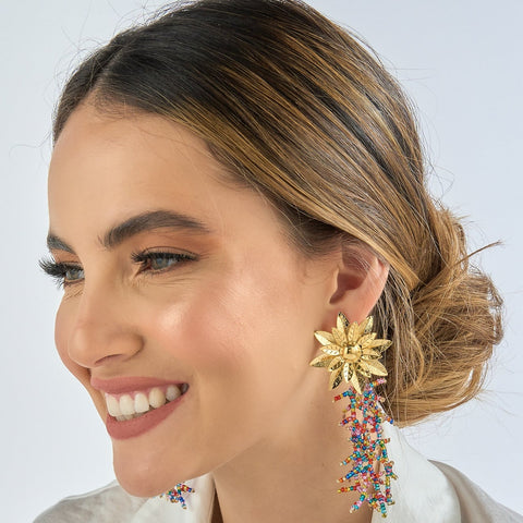 Golden Flower Glass Bead Chandelier Earrings