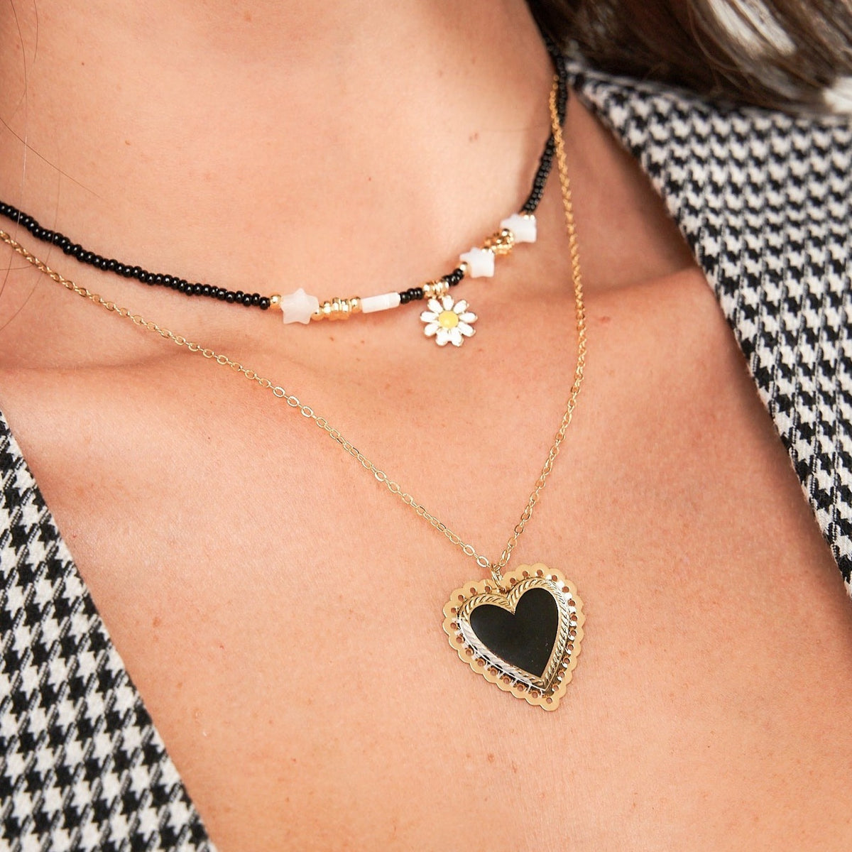 Black Enameled Heart 2-Strand Golden Choker