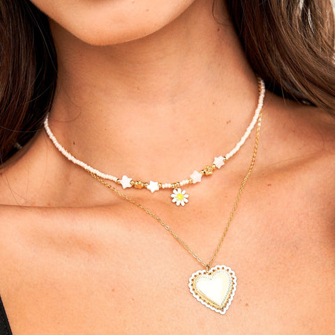 White Enameled Heart 2-Strand Golden Choker