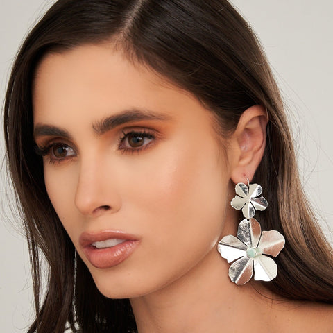 Flower Emerald Silver-Tone Earrings