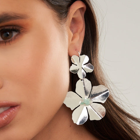 Flower Emerald Silver-Tone Earrings