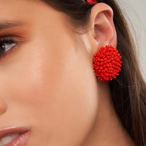 Red Glass Bead Stud Earrings