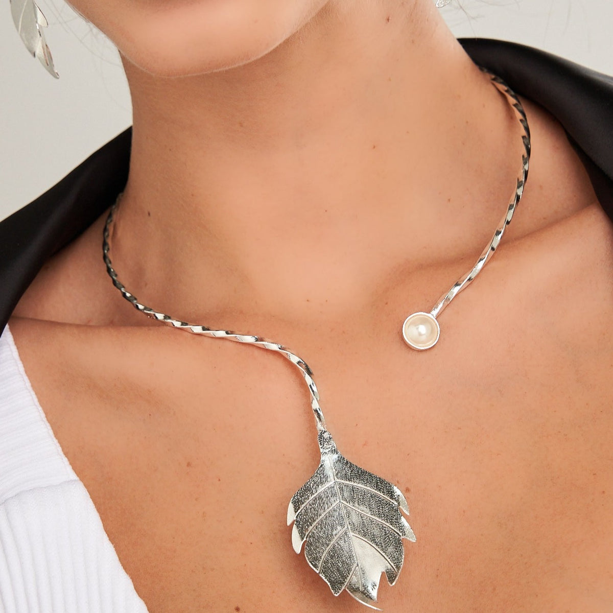 Leaf & Pearl Silver-Tone Collar Necklace