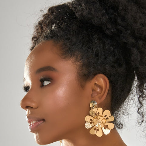 Double Flower And Golden Leaf Earrings