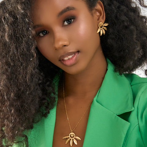 Necklace And Earrings Emerald Leaves Fan Gold Plated