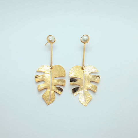 Palm Leaf Pearl Golden Earrings