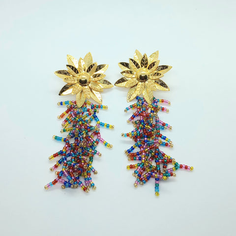 Golden Flower Glass Bead Chandelier Earrings