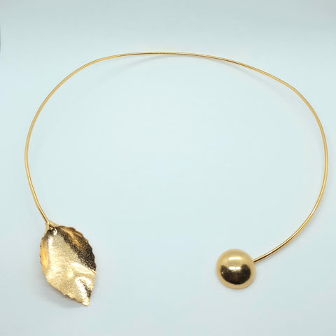 Linear Leaf Golden Cuff-Style Ring Necklace