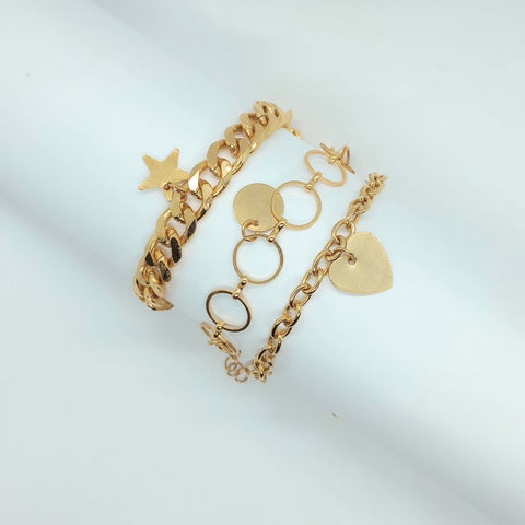 Heart, Circle & Star Golden Bracelet Set