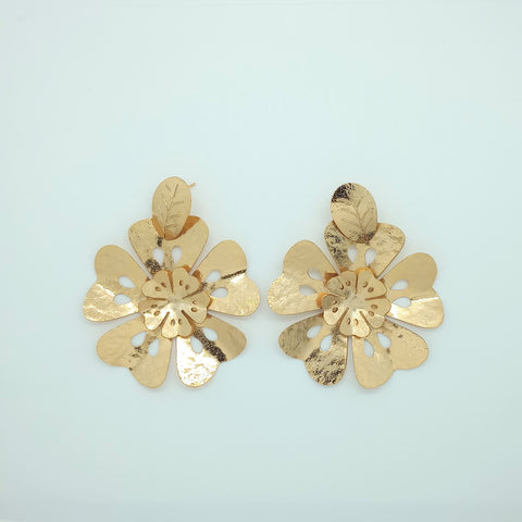 Double Flower And Golden Leaf Earrings