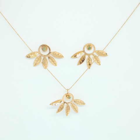 Necklace And Earrings Emerald Leaves Fan Gold Plated