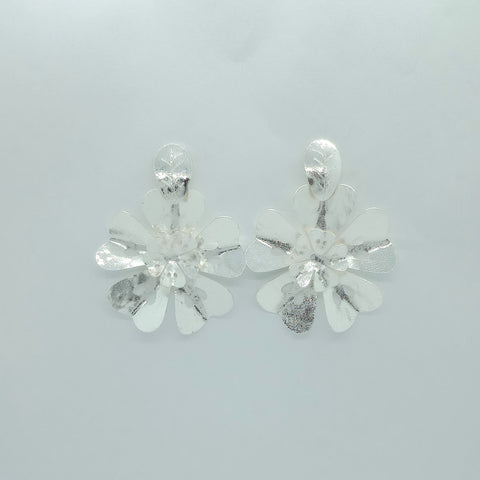 Double Flower And Silver-Tone Leaf Earrings