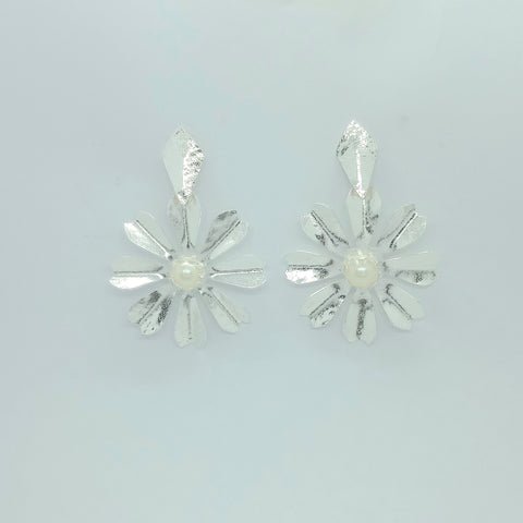 Silver-Tone Pearl Flower Earrings