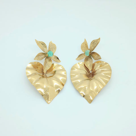 Heart Leaf Emerald Golden Earrings