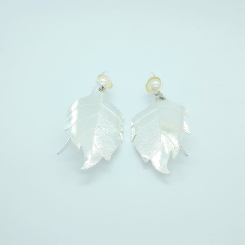 Leaf & Pearl Silver-Tone Drop Earrings