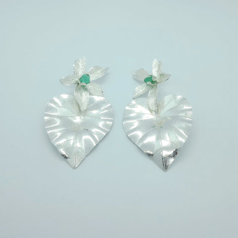 Heart Leaf Emerald Silver-Tone Earrings